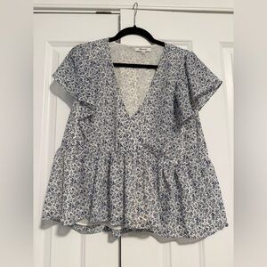 Georgette Ruffle-Sleeve Peplum Top in Americana Floral